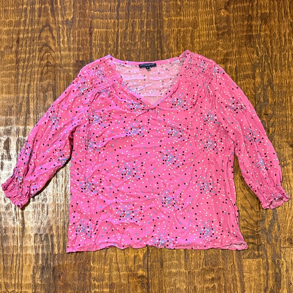 Christian Siriano Pink Heart Print Blouse Smocked Shoulder Top Size M